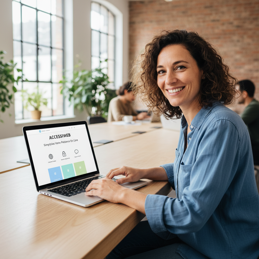 Entrepreneur souriant utilisant un site WordPress sur un ordinateur portable, symbolisant l'accessibilité et l'économie.