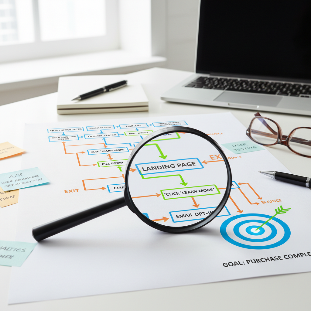 Une loupe sur un diagramme de flux de conversion symbolisant l'analyse stratégique.