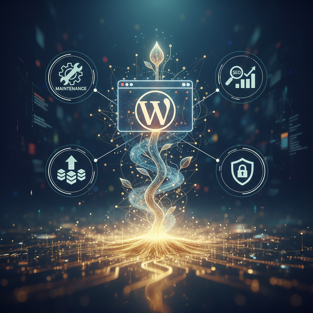 Icônes de maintenance, SEO, sécurité et évolutivité entourant un site web WordPress en croissance.