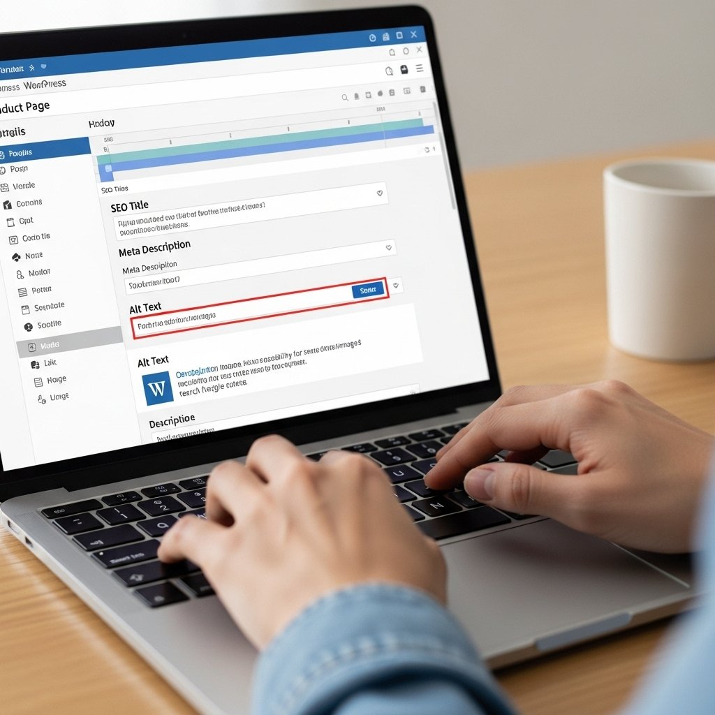 Édition d'une fiche produit dans WordPress avec un focus sur les champs SEO.