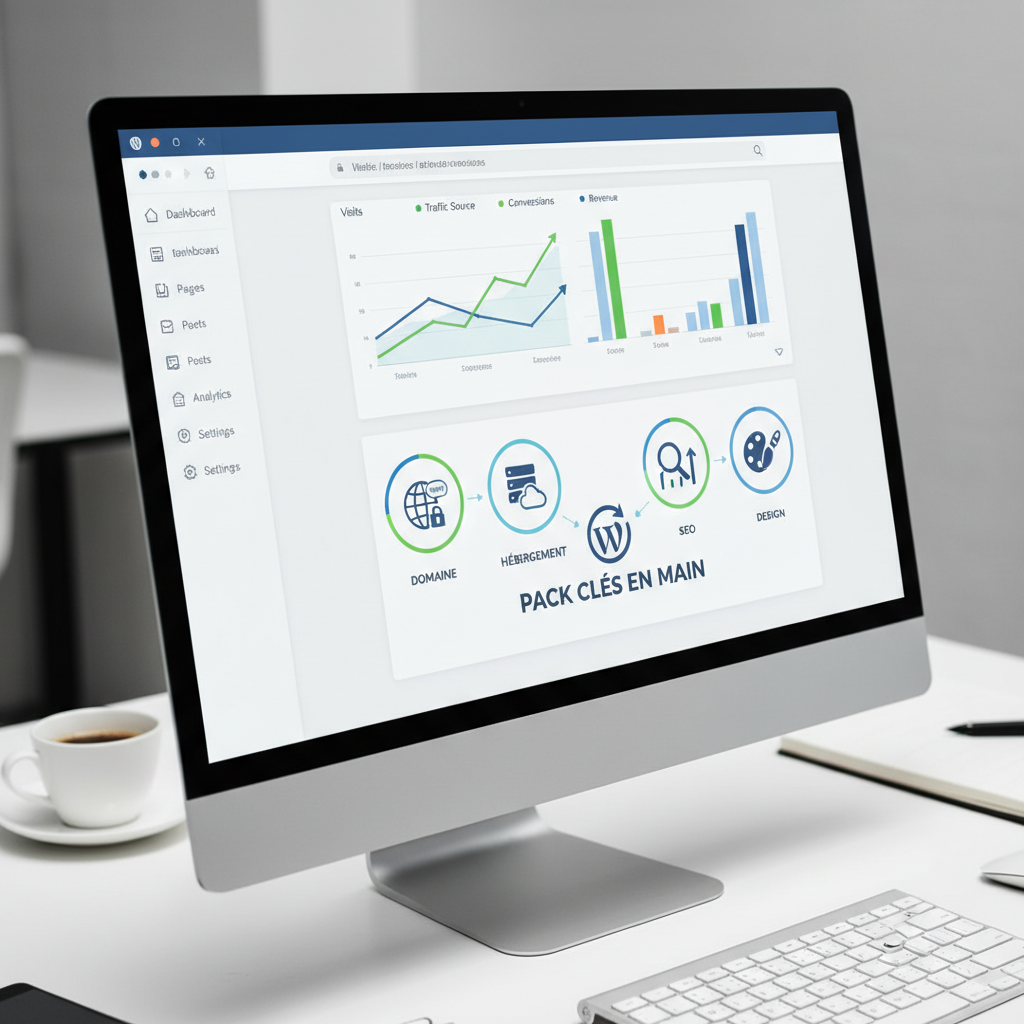 Tableau de bord WordPress avec des icônes représentant les services inclus dans un pack clés en main.