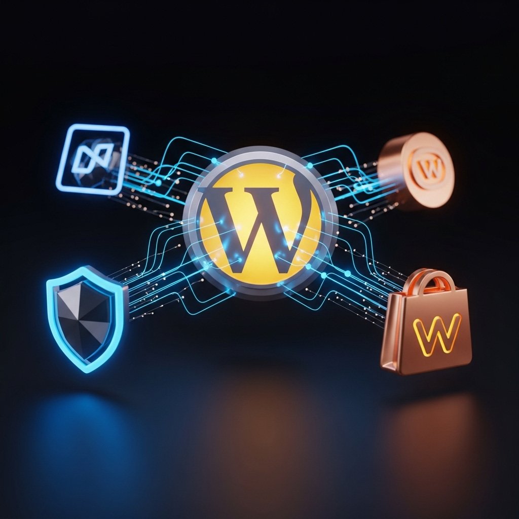 Illustration des logos WordPress et WooCommerce connectés, symbolisant un écosystème de plugins.