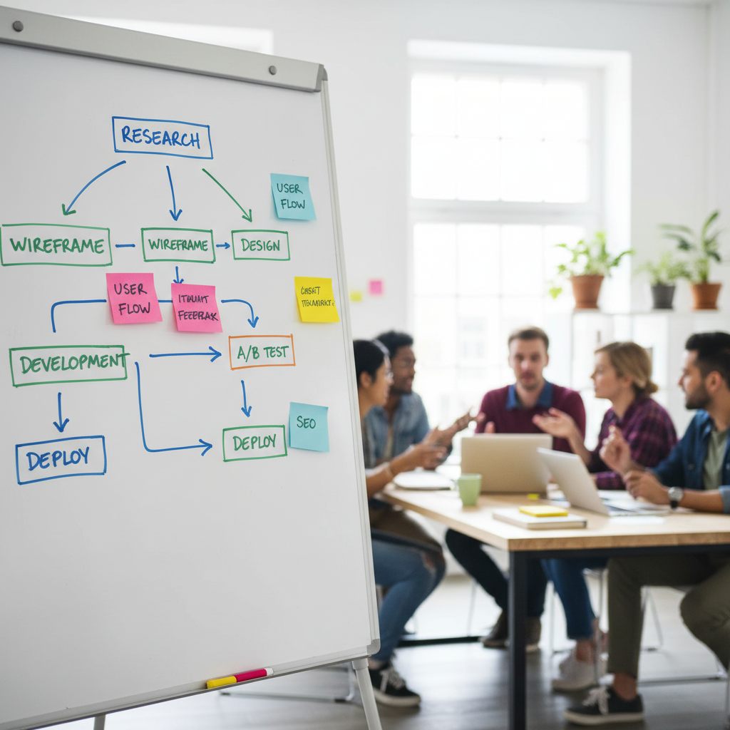 Tableau blanc avec des schémas de processus de création de landing page, symbolisant une approche structurée.