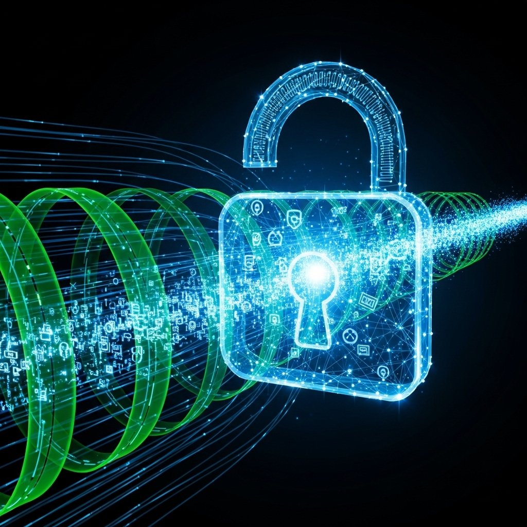 Représentation abstraite de la vitesse, de la sécurité (cadenas) et de la performance d'un site web.