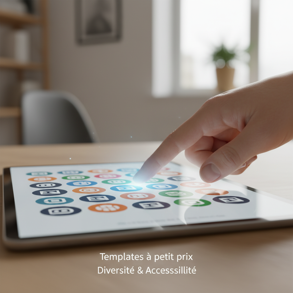 Main sélectionnant des icônes de templates WordPress sur un écran tactile.